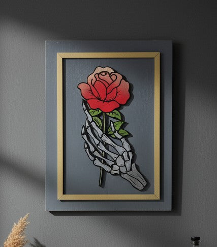 Hand-Made Skeleton Hand Holding Rose Wooden Sign – 16×12