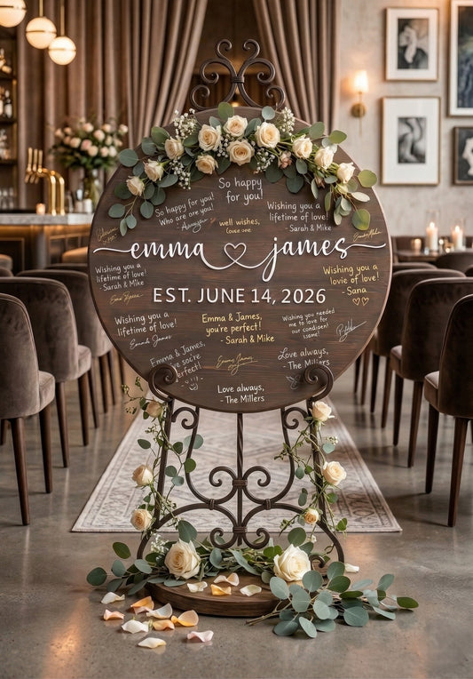 Custom Round Wood Guest Book Sign | Romantic Script with Heart | Handcrafted Wedding Guest Book Alternative