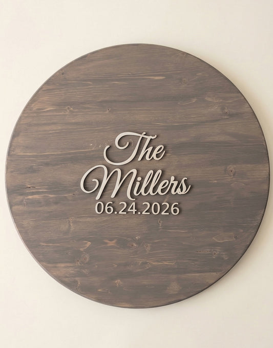 Custom Round Wood Guest Book Sign | Last Name Script Style | Handcrafted Wedding Guest Book Alternative