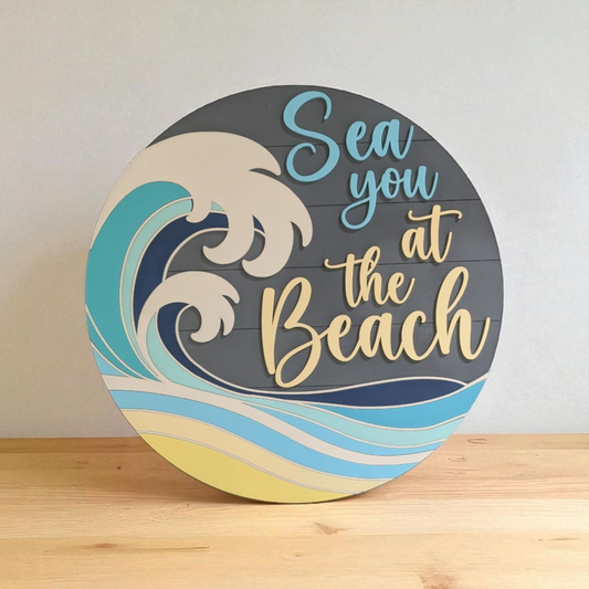 "Sea You at the Beach" Round Wood Sign – Coastal Wall Decor