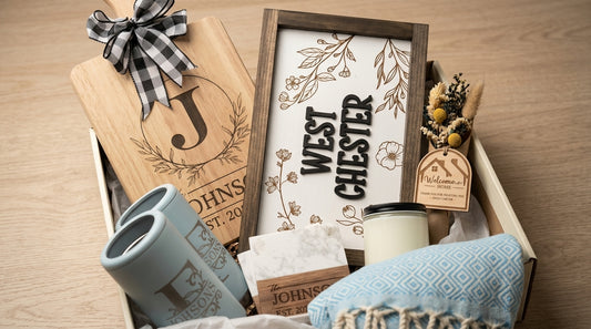 Premium Family Name Housewarming Gift Basket | Custom Location Sign & Engraved Keepsakes