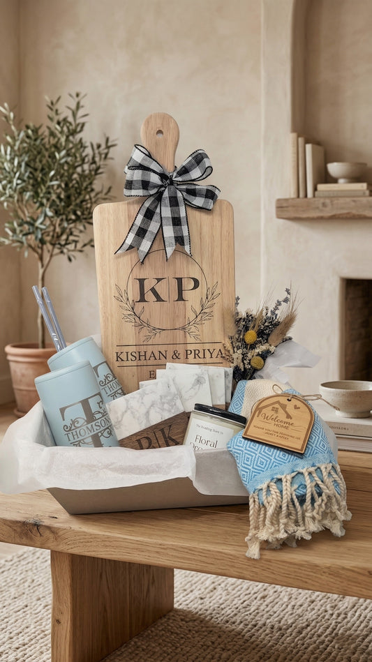 Personalized Couples Housewarming Gift Basket | Custom Dual Initial Cutting Board New Home Set | Wedding Gift | Realtor Closing Gift