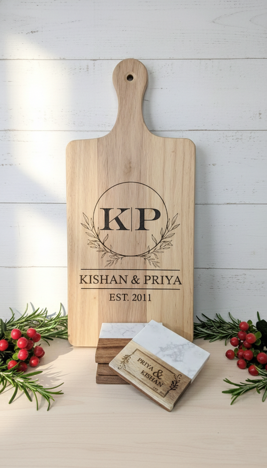 Custom Engraved Wood Board & Coaster Set – Personalized Family Name Gift Set