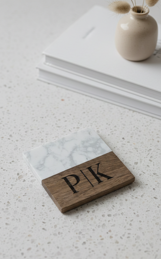 Personalized Couple Marble & Wood Coasters – Custom Engraved Set of 4