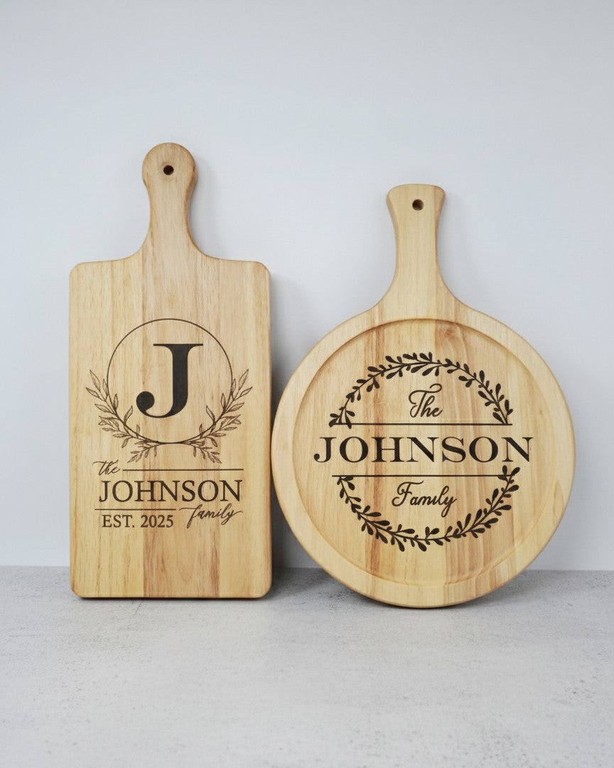 Personalized Family Name Round Cutting Board – Custom Engraved Wooden Board