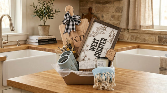 Premium Couples Name Housewarming Gift Basket | Custom Location Sign & Engraved Keepsakes