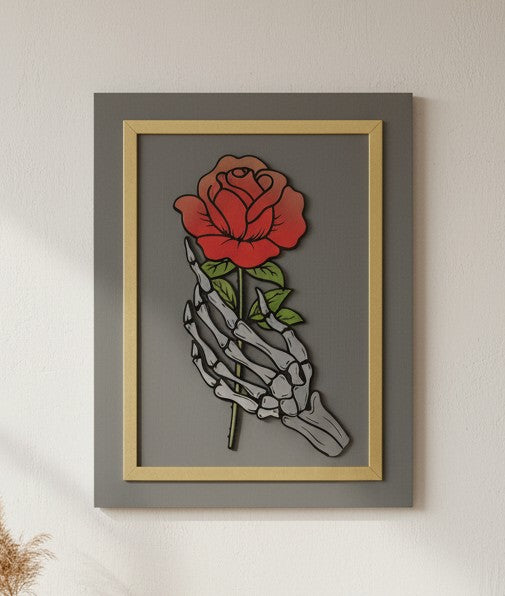 Hand-Made Skeleton Hand Holding Rose Wooden Sign – 16×12