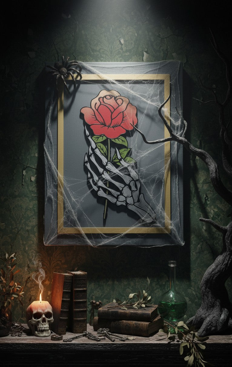 Hand-Made Skeleton Hand Holding Rose Wooden Sign – 16×12