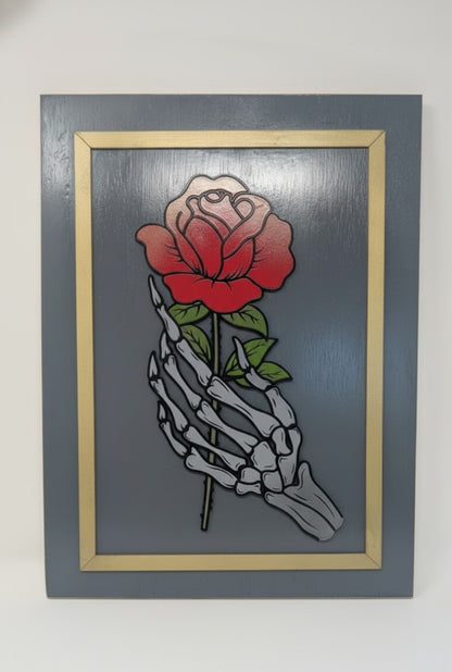 Hand-Made Skeleton Hand Holding Rose Wooden Sign – 16×12