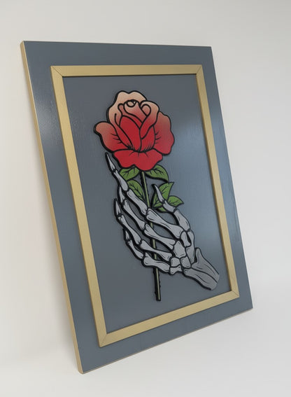 Hand-Made Skeleton Hand Holding Rose Wooden Sign – 16×12