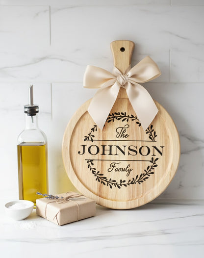 Personalized Family Name Round Cutting Board – Custom Engraved Wooden Board