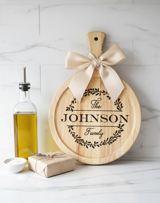 Personalized Family Name Round Cutting Board – Custom Engraved Wooden Board