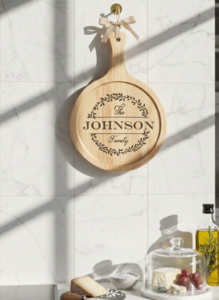 Personalized Family Name Round Cutting Board – Custom Engraved Wooden Board