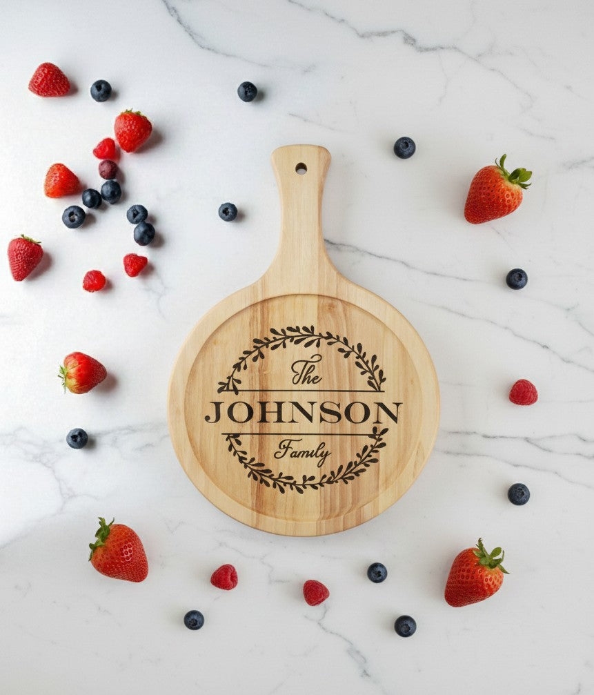 Personalized Family Name Round Cutting Board – Custom Engraved Wooden Board
