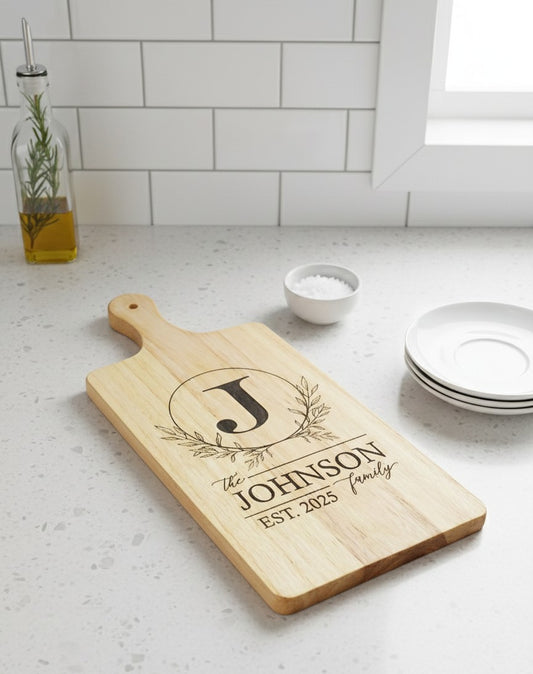 Personalized Family Name Cutting Board – Custom Initial Engraved Wooden Board