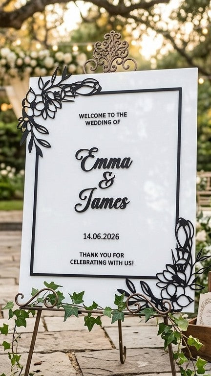 Custom 3D Acrylic Wedding Welcome Sign | Raised Letters & Florals | Personalized
