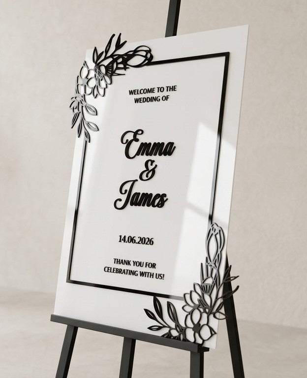 Custom 3D Acrylic Wedding Welcome Sign | Raised Letters & Florals | Personalized