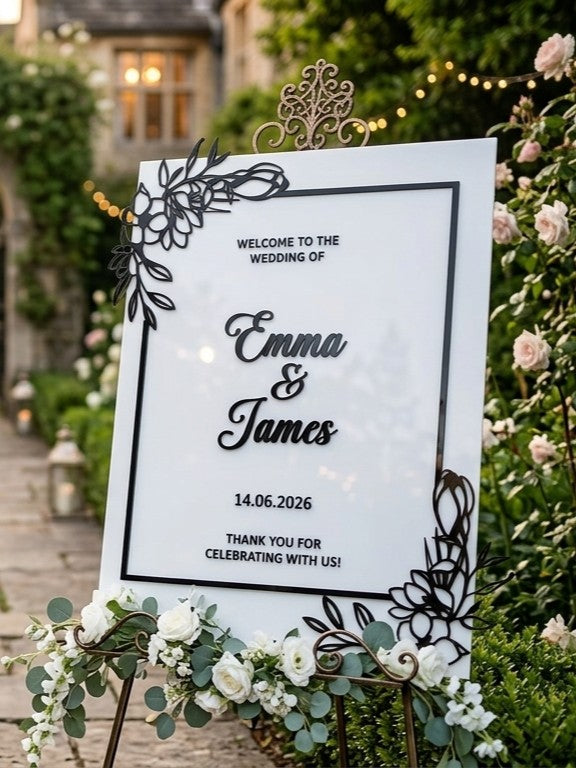 Custom 3D Acrylic Wedding Welcome Sign | Raised Letters & Florals | Personalized