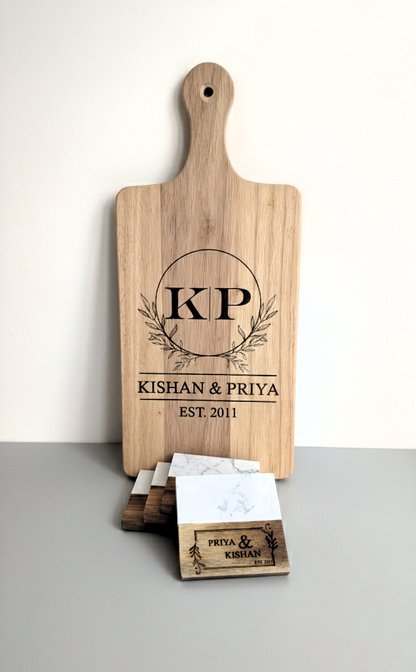 Personalized Couple Marble & Wood Coasters – Custom Engraved Set of 4