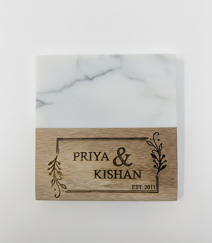 Personalized Couple Marble & Wood Coasters – Custom Engraved Set of 4