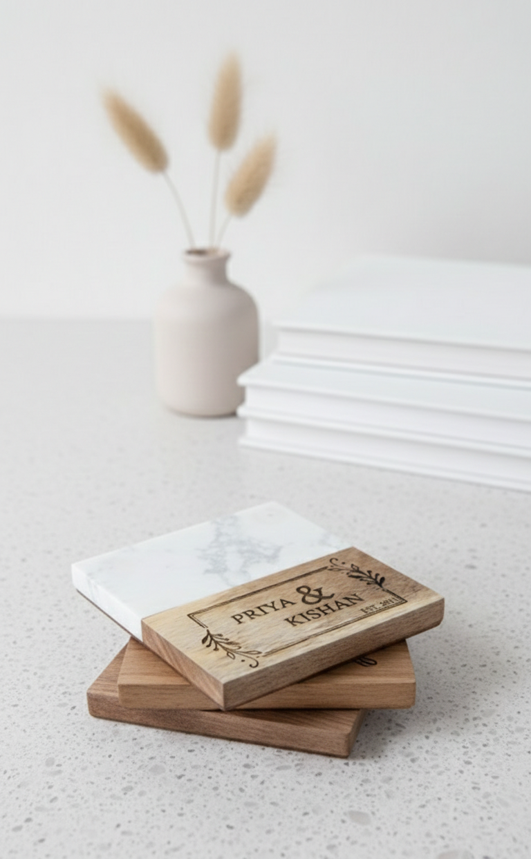 Personalized Couple Marble & Wood Coasters – Custom Engraved Set of 4