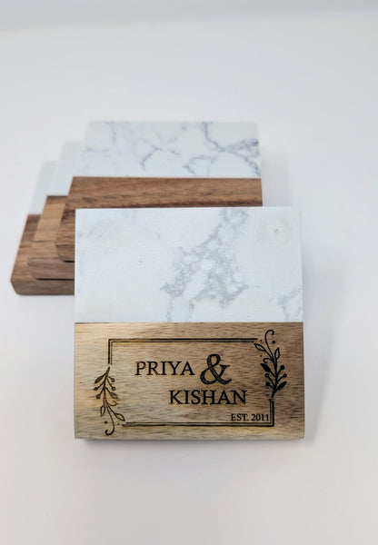 Personalized Couple Marble & Wood Coasters – Custom Engraved Set of 4