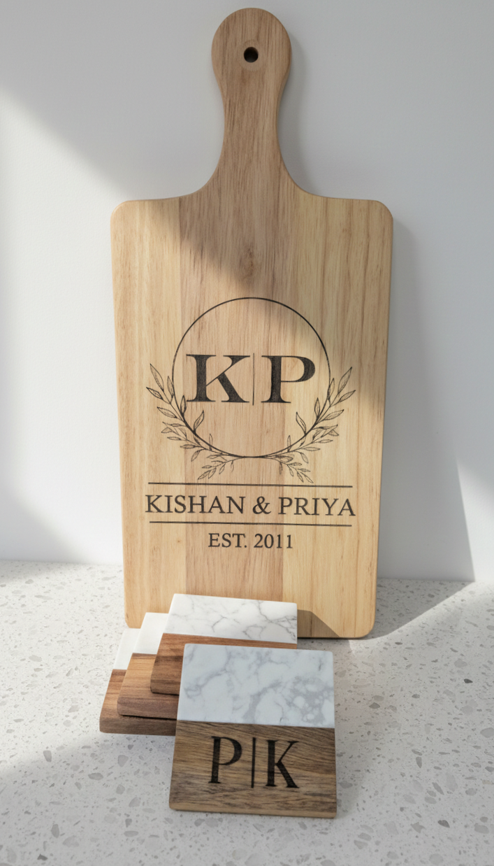 Personalized Couple Marble & Wood Coasters – Custom Engraved Set of 4