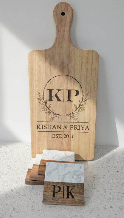 Personalized Couple Marble & Wood Coasters – Custom Engraved Set of 4