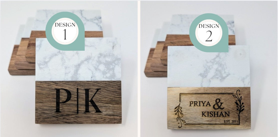 Personalized Couple Marble & Wood Coasters – Custom Engraved Set of 4