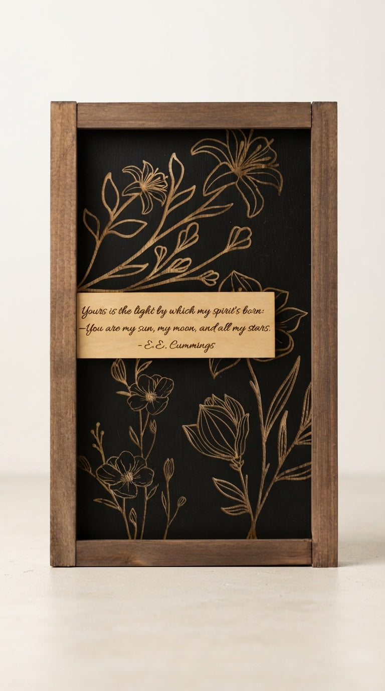 Custom Quote Wood Sign, Framed Floral Engraved Wall Art