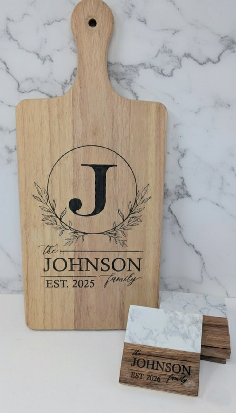 Personalized Family Marble & Wood Coasters – Custom Engraved (Set of 4)