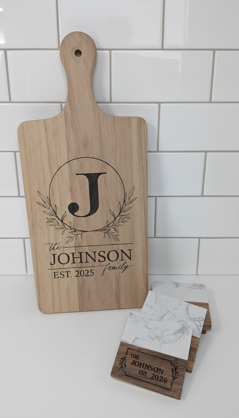 Personalized Family Marble & Wood Coasters – Custom Engraved (Set of 4)