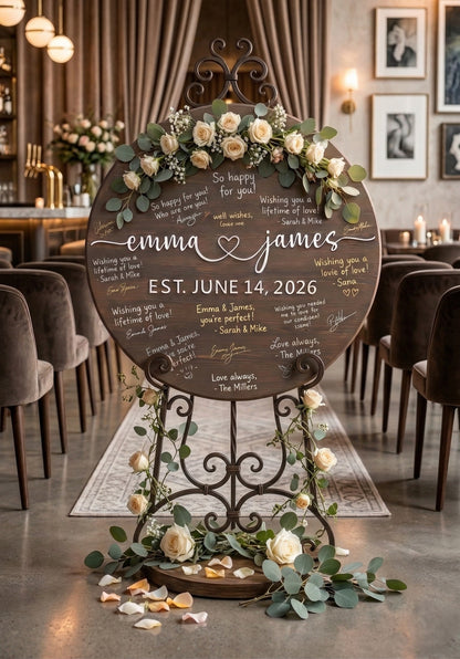 Custom Round Wood Guest Book Sign | Romantic Script with Heart | Handcrafted Wedding Guest Book Alternative