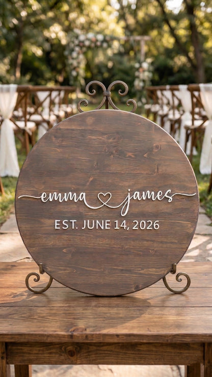 Custom Round Wood Guest Book Sign | Romantic Script with Heart | Handcrafted Wedding Guest Book Alternative