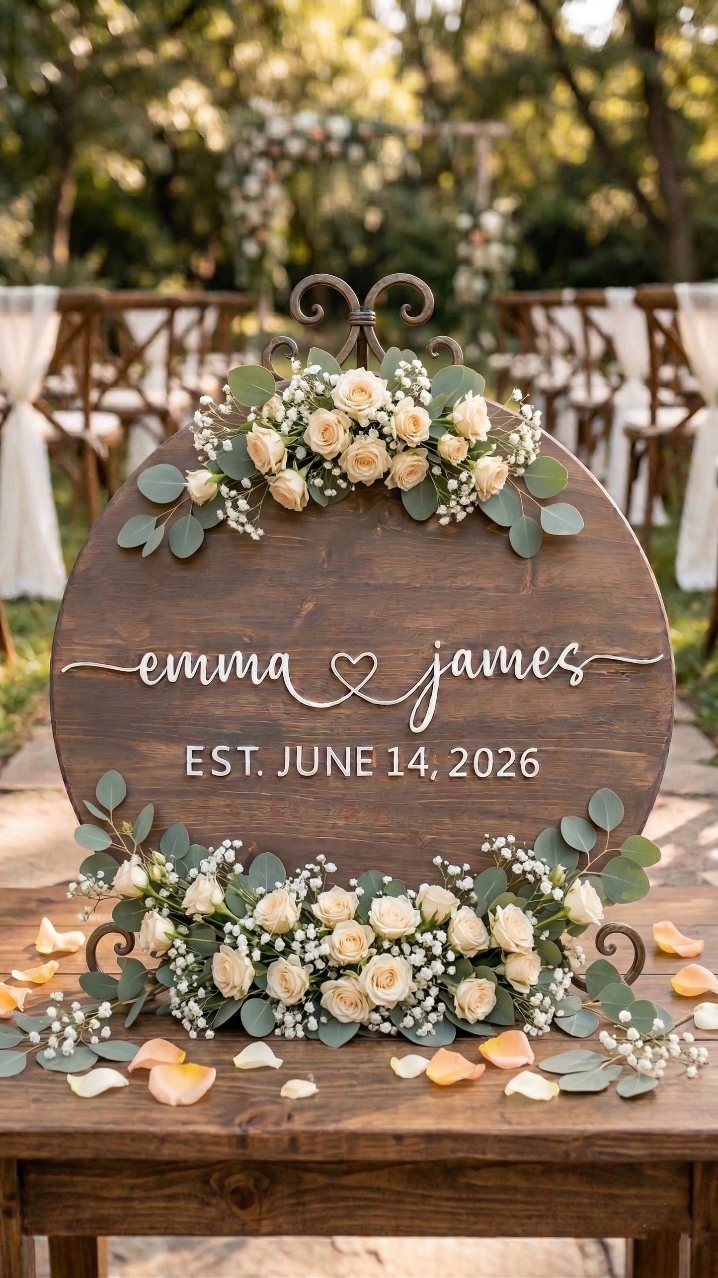 Custom Round Wood Guest Book Sign | Romantic Script with Heart | Handcrafted Wedding Guest Book Alternative