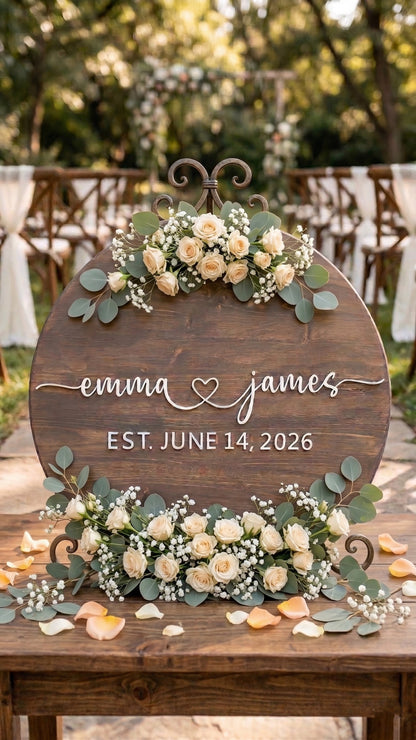 Custom Round Wood Guest Book Sign | Romantic Script with Heart | Handcrafted Wedding Guest Book Alternative