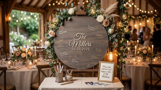 Custom Round Wood Guest Book Sign | Last Name Script Style | Handcrafted Wedding Guest Book Alternative