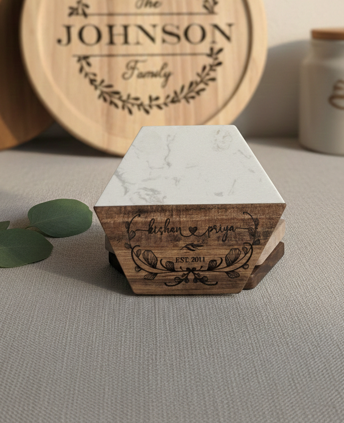 Personalized Family Marble & Wood Coasters – Hexagon (Set of 4)