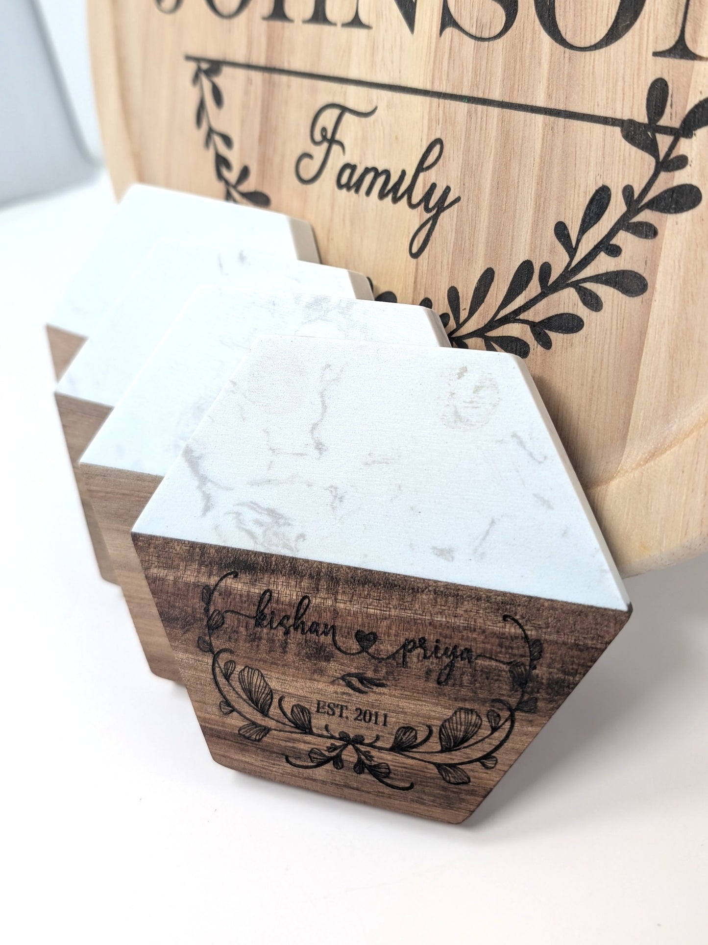 Personalized Family Marble & Wood Coasters – Hexagon (Set of 4)