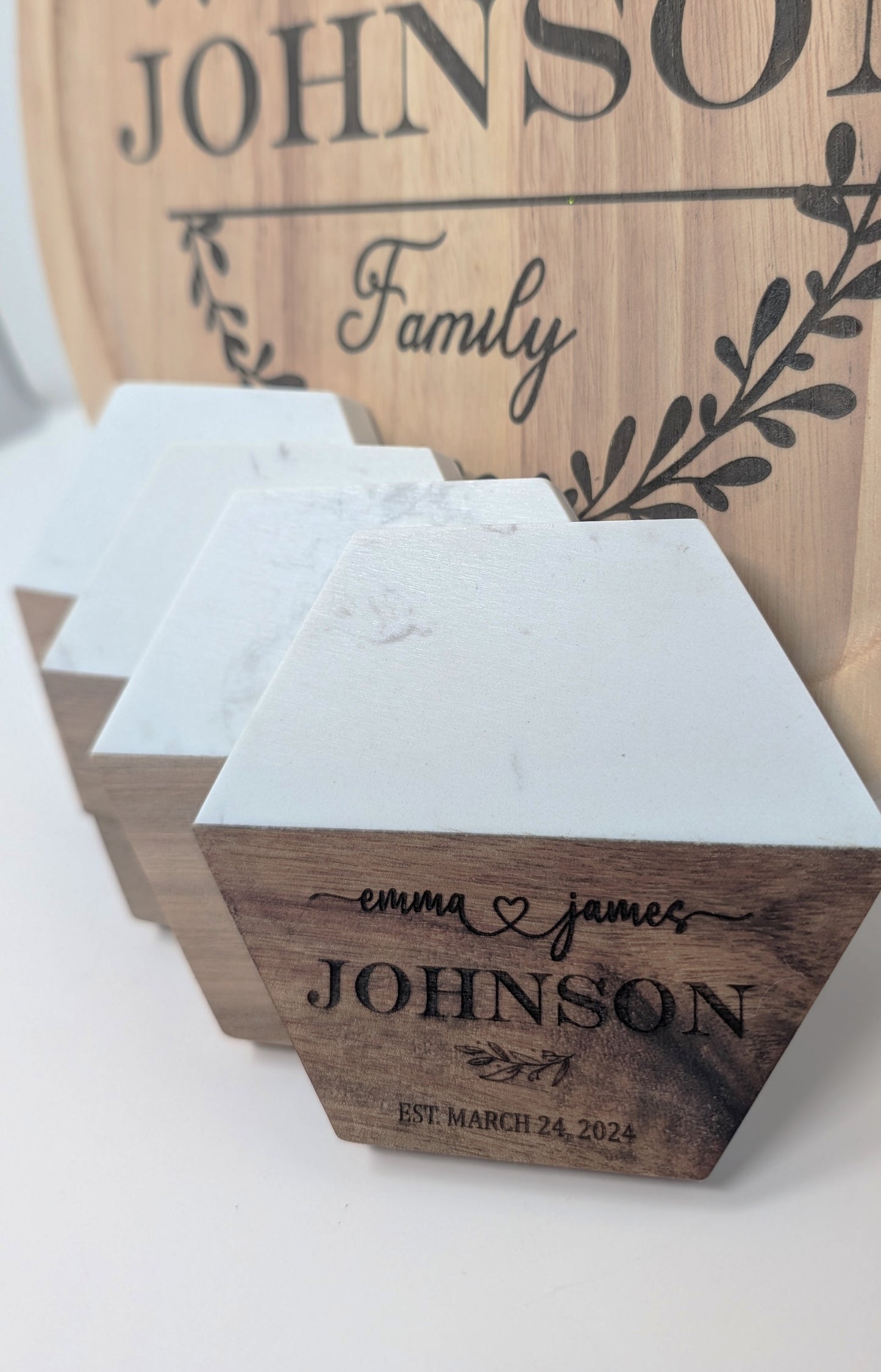 Personalized Family Marble & Wood Coasters – Hexagon (Set of 4)