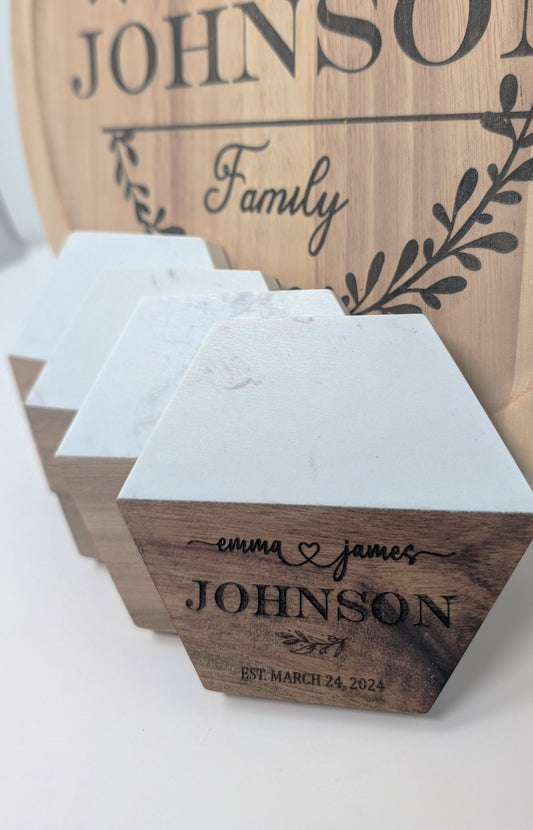 Personalized Family Marble & Wood Coasters – Hexagon (Set of 4)
