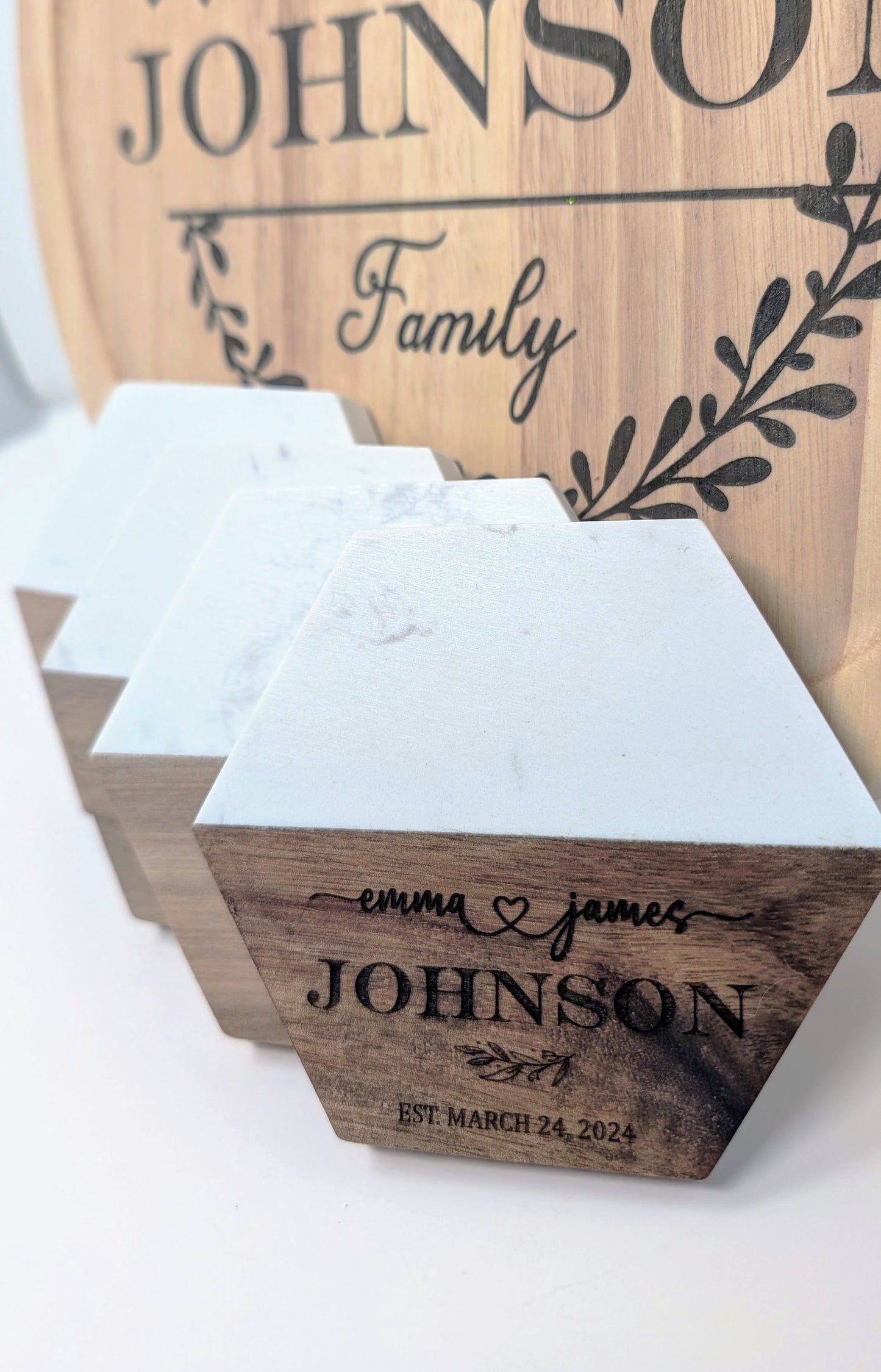 Personalized Family Marble & Wood Coasters – Hexagon (Set of 4)