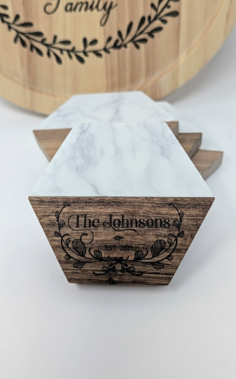 Personalized Family Marble & Wood Coasters – Hexagon (Set of 4)