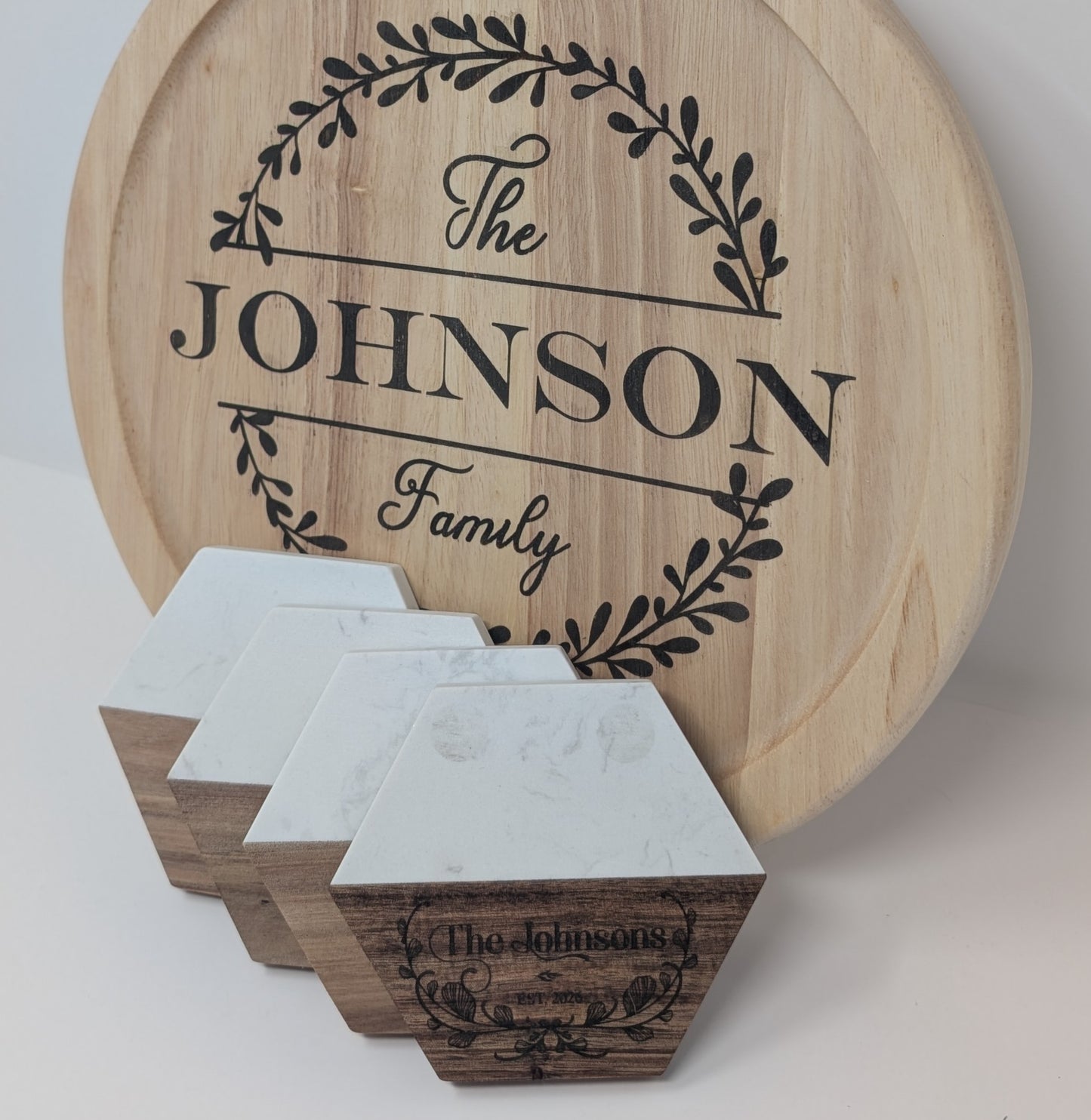 Personalized Family Marble & Wood Coasters – Hexagon (Set of 4)