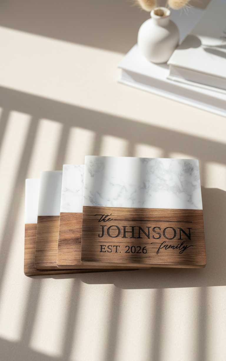 Personalized Family Marble & Wood Coasters – Custom Engraved (Set of 4)