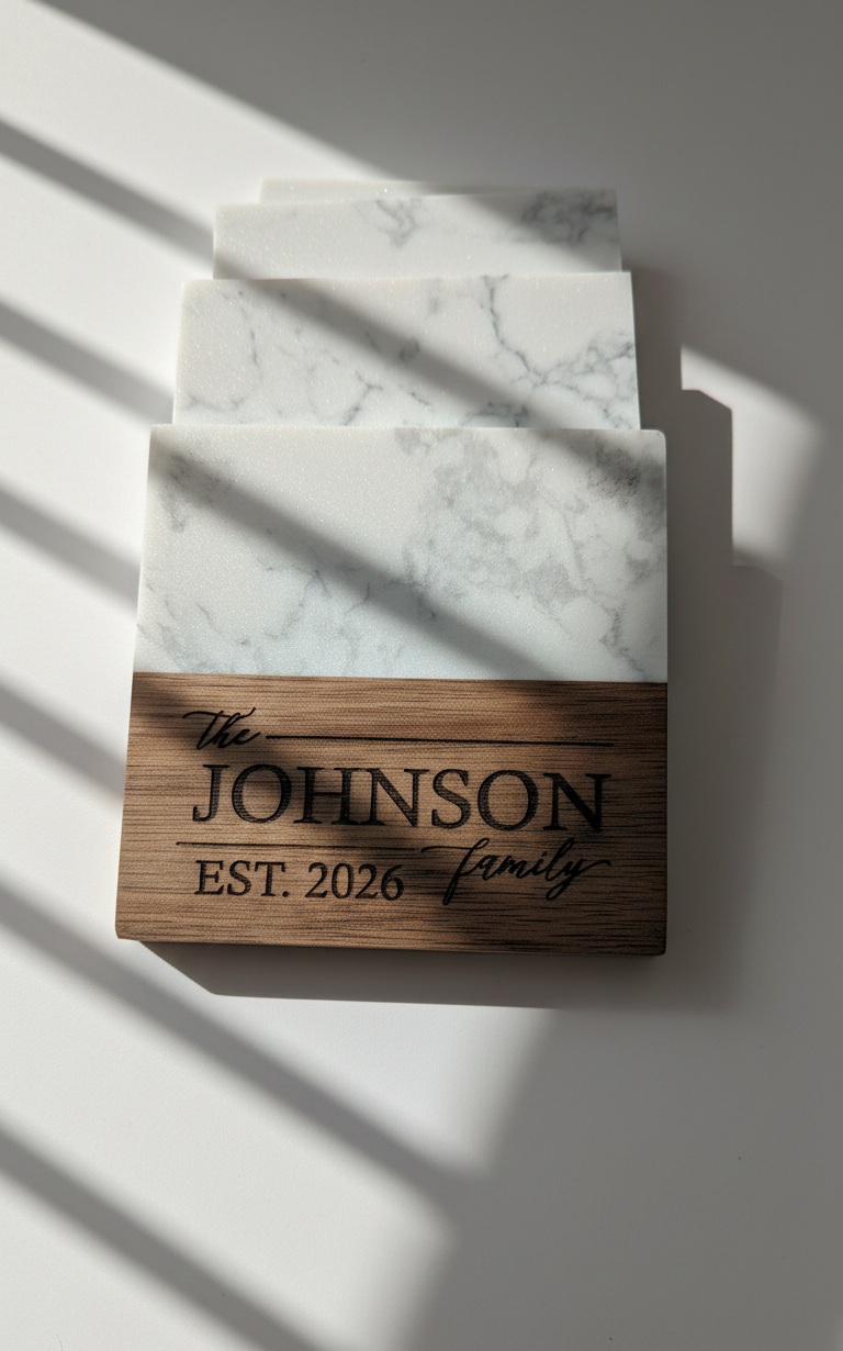 Personalized Family Marble & Wood Coasters – Custom Engraved (Set of 4)