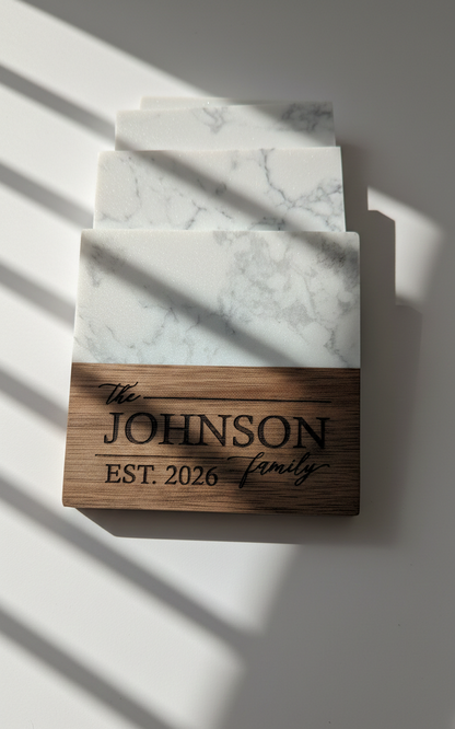 Personalized Family Marble & Wood Coasters – Custom Engraved (Set of 4)