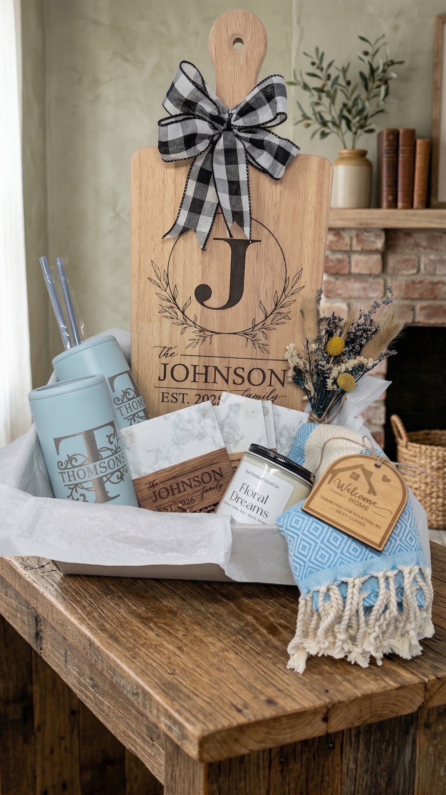 Personalized Large Cutting Board Housewarming Gift Basket | Custom Family Name New Home Set | Realtor Closing Gift