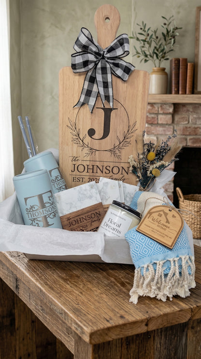 Personalized Large Cutting Board Housewarming Gift Basket | Custom Family Name New Home Set | Realtor Closing Gift
