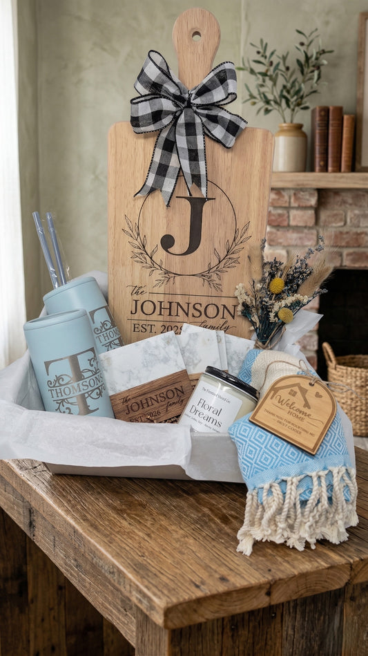 Personalized Large Cutting Board Housewarming Gift Basket | Custom Family Name New Home Set | Realtor Closing Gift
